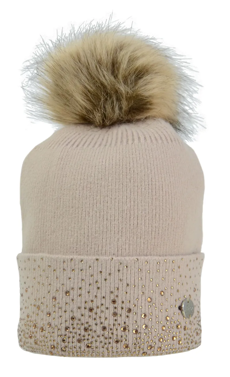 Hy Equestrian Alaska Diamante Bobble Hat - Beige/Gold